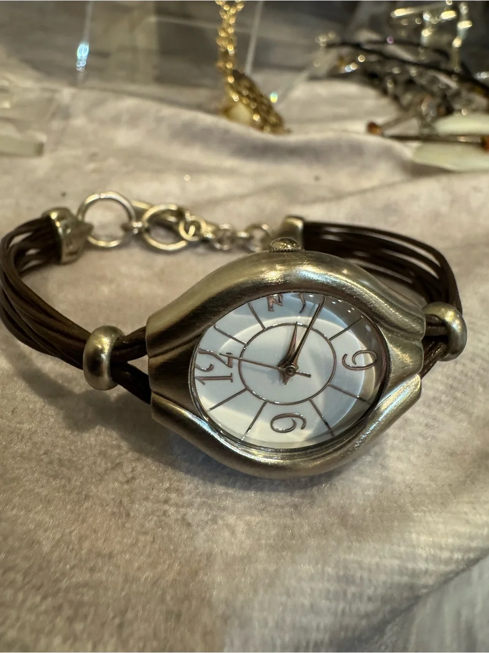 J Jill Elegant Silver-Tone Bracelet Watch with Brown Cord‎ Band